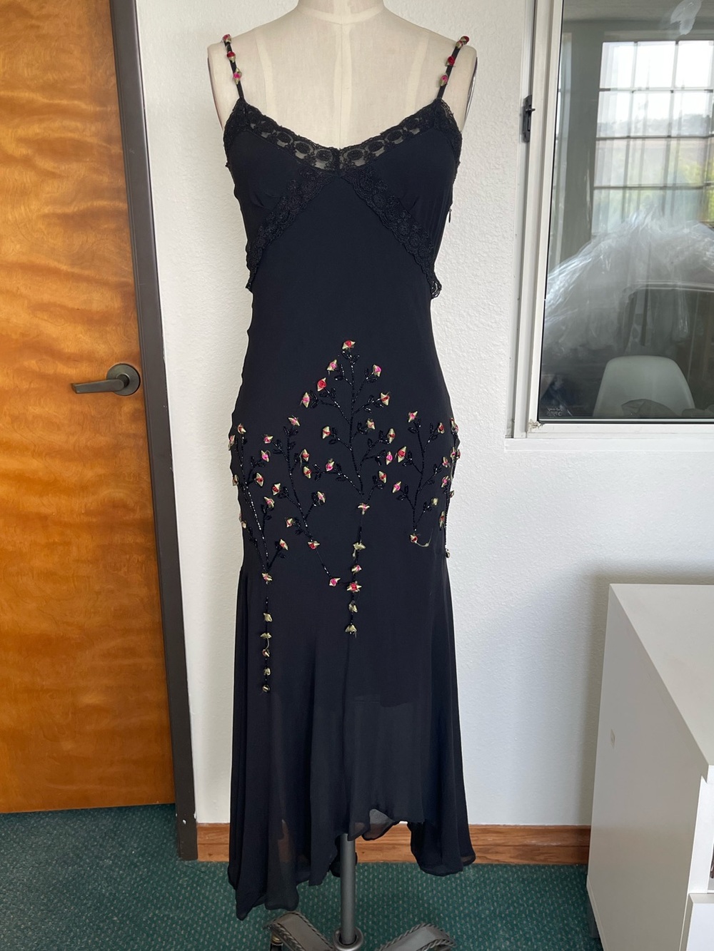 VINTAGE Y2K CACHE ASYMMETRICAL BLACK SILK CHIFFON SLIP DRESS WITH ROSETTES